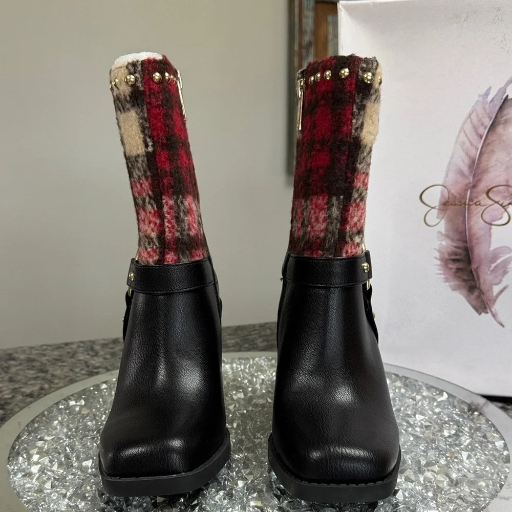 Jessica Simpson Black Leather Booties with Red & Tan Plaid Shaft NEW 6